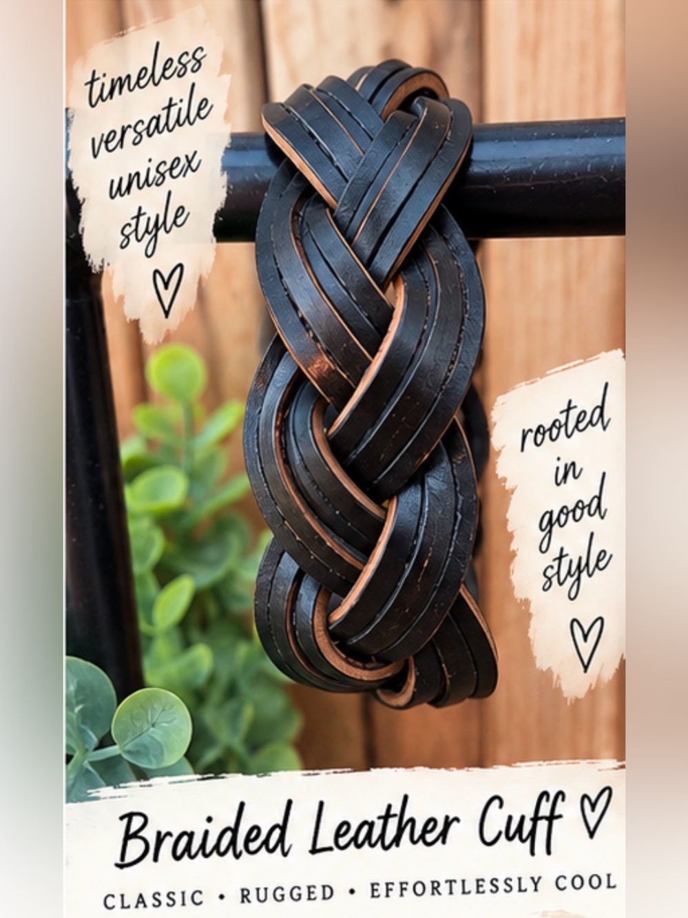 Braided Leather Cuff Bracelet • Black Genuine Leather • Woven Boho Unisex